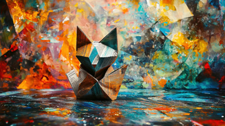 Close-up of a folded newspaper cat sculpture, set against a dazzling abstract background, rich colors, artistic realism,の素材