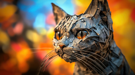 Cat sculpture made of intricately folded newspaper, hyper-realistic textures, bold colorful background, close-up perspectiveの素材