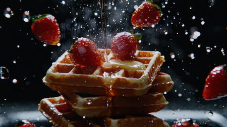 Crispy waffles stacked tall, syrup cascading smoothly, melting butter on top, ultra-realistic textures, moody lighting, dark backdropの素材