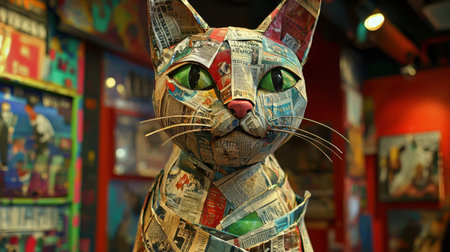 Close-up of a folded newspaper cat sculpture, dynamic abstract background, intense colors, hyper-realistic lighting, detailed texturesの素材