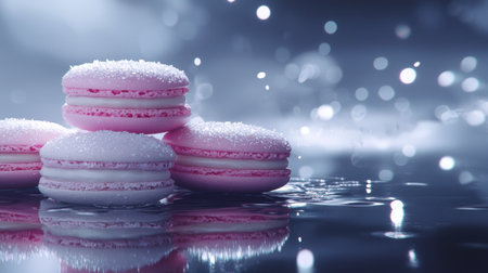 Floating sugar over stacked macarons, ray-traced lighting, stunning reflections, ultra-crisp details, deep moody contrast, dark atmospheric backgroundの素材