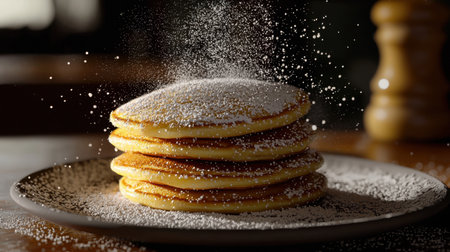Floating sugar over five stacked pancakes, stunning lighting, crisp ray-traced details, dramatic realism, moody dark sceneの素材