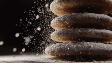 Five-tier pancake tower, realistic sugar dusting, cinematic light, deep contrast, ultra-detailed textures, side perspective, dark backdropの素材