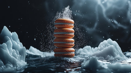 Floating sugar over five stacked macarons, stunning lighting, crisp ray-traced details, dramatic realism, moody dark sceneの素材