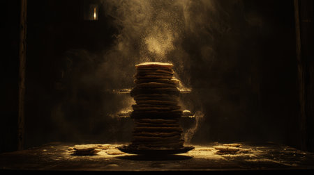 Five-tier pancake tower, realistic sugar dusting, cinematic light, deep contrast, ultra-detailed textures, side perspective, dark backdropの素材