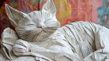 Folded newspaper cat sculpture, close-up view, intricate details, set against a bold, colorful abstract background, photorealistic lightingの素材