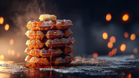 Four crispy waffles stacked high, golden syrup dripping, butter melting, rich cinematic lighting, realistic ray tracing, dark moody sceneの素材