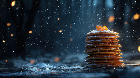 Five-tier pancake tower, soft sugar snowfall, breathtaking lighting effects, ray-traced reflections, deep dramatic shadows, dark moody backgroundの素材