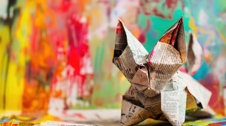 Folded newspaper dog sculpture, close-up view, intricate details, set against a bold, colorful abstract background, photorealistic lightingの素材