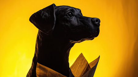 Folded newspaper dog sculpture, close-up portrait, intense colors in abstract background, stunning photorealistic details, vibrant moodの素材