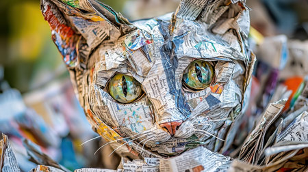 Folded newspaper cat sculpture in a close-up shot, ultra-detailed, vibrant abstract background, stunning depth and contrast, lifelike lighting -の素材