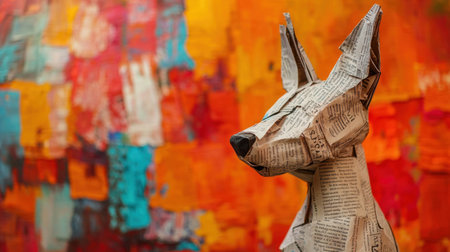 Close-up of a dog sculpture crafted from folded newspaper, vibrant abstract backdrop, deep lighting contrast, striking texturesの素材