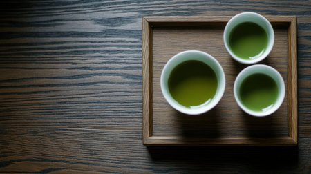 A beautifully arranged shot of matcha tea essentials on dark wood, with enough space for text copy.の素材