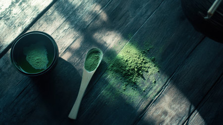 A beautifully arranged shot of matcha tea essentials on dark wood, with enough space for text copy.の素材