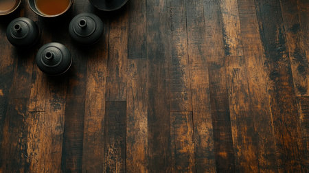 A beautifully arranged shot of matcha tea essentials on dark wood, with enough space for text copy.の素材