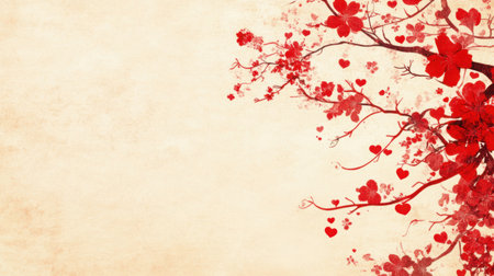 A beige Valentine's gradient background with a bold red stage, floral rose designs, and hearts for a romantic touch.の素材