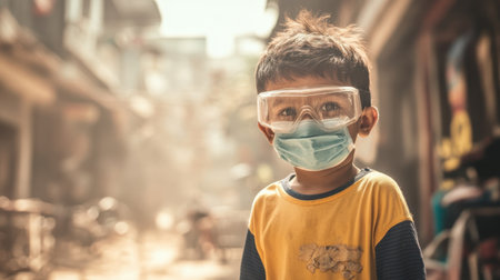 A child wearing goggles and a mask playing outdoors during a dusty weather condition.の素材