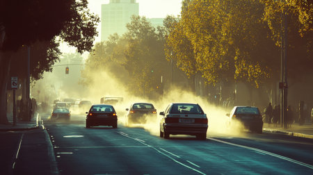 A busy street covered in haze from dust pollution, with vehicles barely visible through the foggy air.の素材