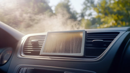 A car with an air filter placed on the dashboard, promoting dust prevention during commutes.の素材