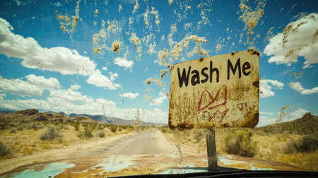 A car windshield covered in dust with a handwritten "Wash Me" sign in an arid environment.の素材
