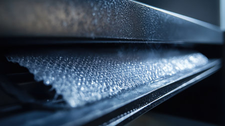 A close-up of a clogged air filter with dust accumulation, showing the impact of indoor pollution.の素材