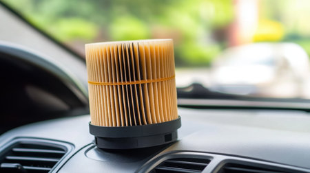 A car with an air filter placed on the dashboard, promoting dust prevention during commutes.の素材