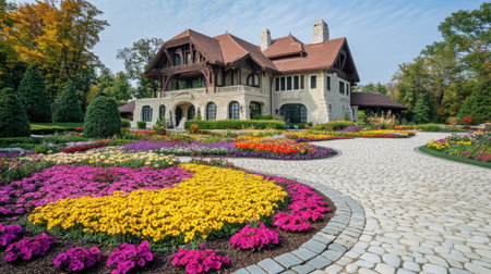 A colorful array of flowers arranged around a cobblestone courtyard, with a French-style home in the backdrop.の素材