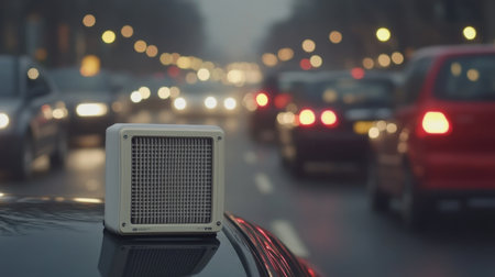 A car with an air filter placed on the dashboard, promoting dust prevention during commutes.の素材