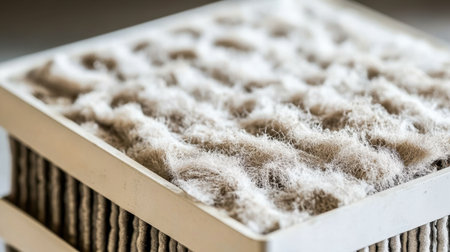 A close-up of a clogged air filter with dust accumulation, showing the impact of indoor pollution.の素材