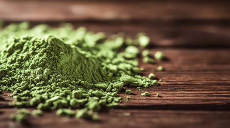 A close-up of pure matcha powder spread on a dark wooden table, with a clean space for adding text.の素材
