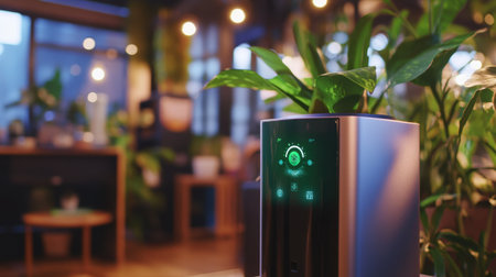 A close-up of an air purifier displaying PM2.5 levels in a room with dusty, polluted air.の素材