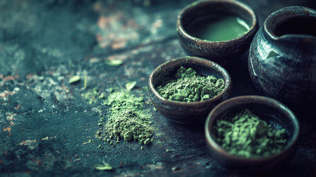 A close-up of pure matcha powder spread on a dark wooden table, with a clean space for adding text.の素材