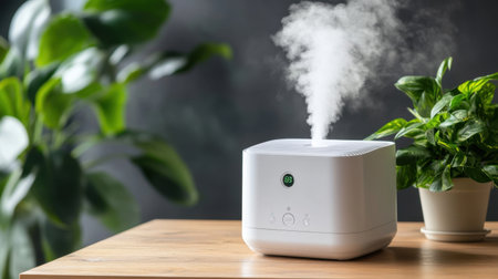 A clean air purifier on a wooden table with a dusty background, highlighting germ prevention indoors.の素材