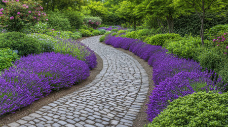 A cobblestone pathway winding through a French flower garden, bordered by blooming lavender and trimmed shrubs.の素材