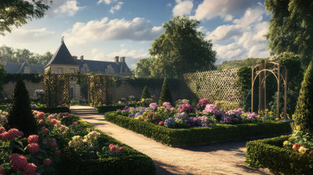 A charming flower garden in a French home style, with trellises, blooming flowers, and manicured shrubs.の素材