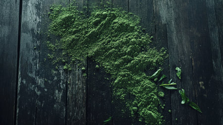 A close-up of pure matcha powder spread on a dark wooden table, with a clean space for adding text.の素材
