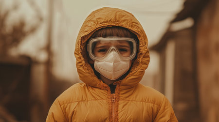 A child wearing goggles and a mask playing outdoors during a dusty weather condition.の素材