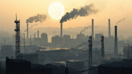 A city skyline shrouded in heavy smog, with dust particles visible in the sunlight. Perfect for pollution awareness.の素材