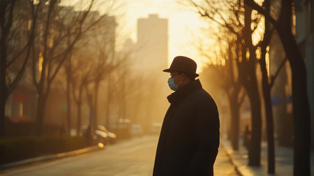A commuter wearing a mask on a foggy street filled with dust particles and poor visibility.の素材