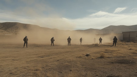 A construction site with workers wearing safety masks surrounded by dust and debris in the air.の素材