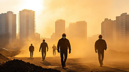 A construction site with workers wearing safety masks surrounded by dust and debris in the air.の素材