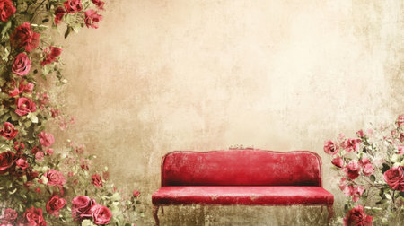 A dreamy Valentine's Day digital design featuring a red stage, floral accents, and a gradient beige backdropの素材