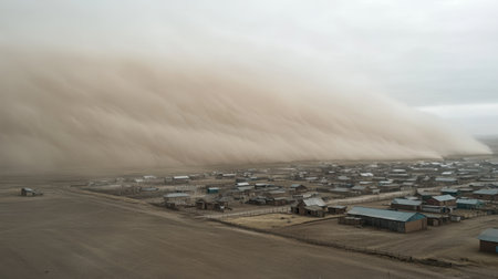 A dust storm approaching a small town, with rooftops barely visible through the haze.の素材