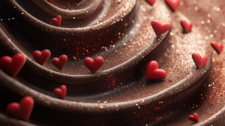 A fantasy Valentine's Day illustration with a chocolate-accented stage, red paper hearts, and a glitter gradient.の素材