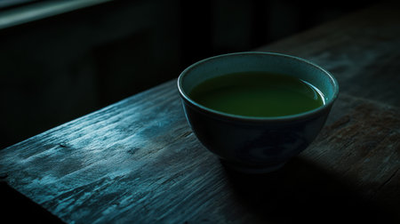 A cup of freshly prepared matcha tea next to matcha powder on a dark wood surface with clear space for textの素材