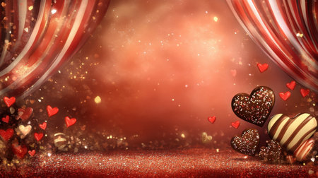 A digital Valentine's Day illustration with a red stage, chocolate details, and hearts on a sparkling glitter gradientの素材