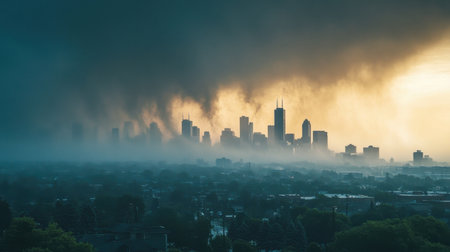 A dramatic sky with heavy clouds of dust hovering over an urban skyline, highlighting air pollution.の素材