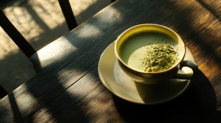 A cup of rich matcha tea and matcha powder placed on a dark wood surface with empty space for marketing copy.の素材