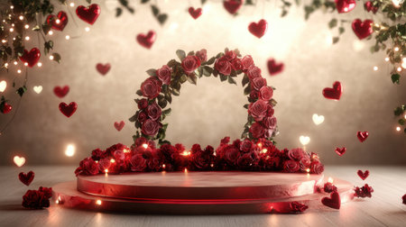 A dreamy Valentine's background featuring a rose-decorated stage and hearts on a warm beige gradient.の素材