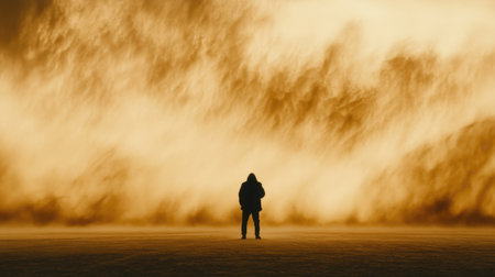 A desert storm with swirling sand and a silhouette of a person shielding their face.の素材